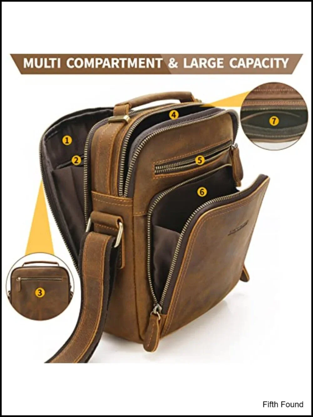 Genuine Cowhide Leather Messenger Bag Crossbody for Men 5 Zipper Pockets